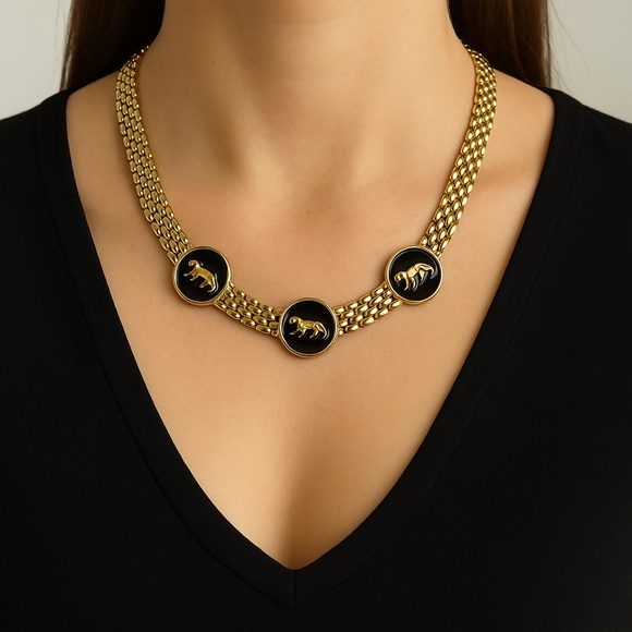 Vintage Jewelry - Vintage Gold Chain Statement Necklace • Black Enamel Jaguar Medallions • 18”